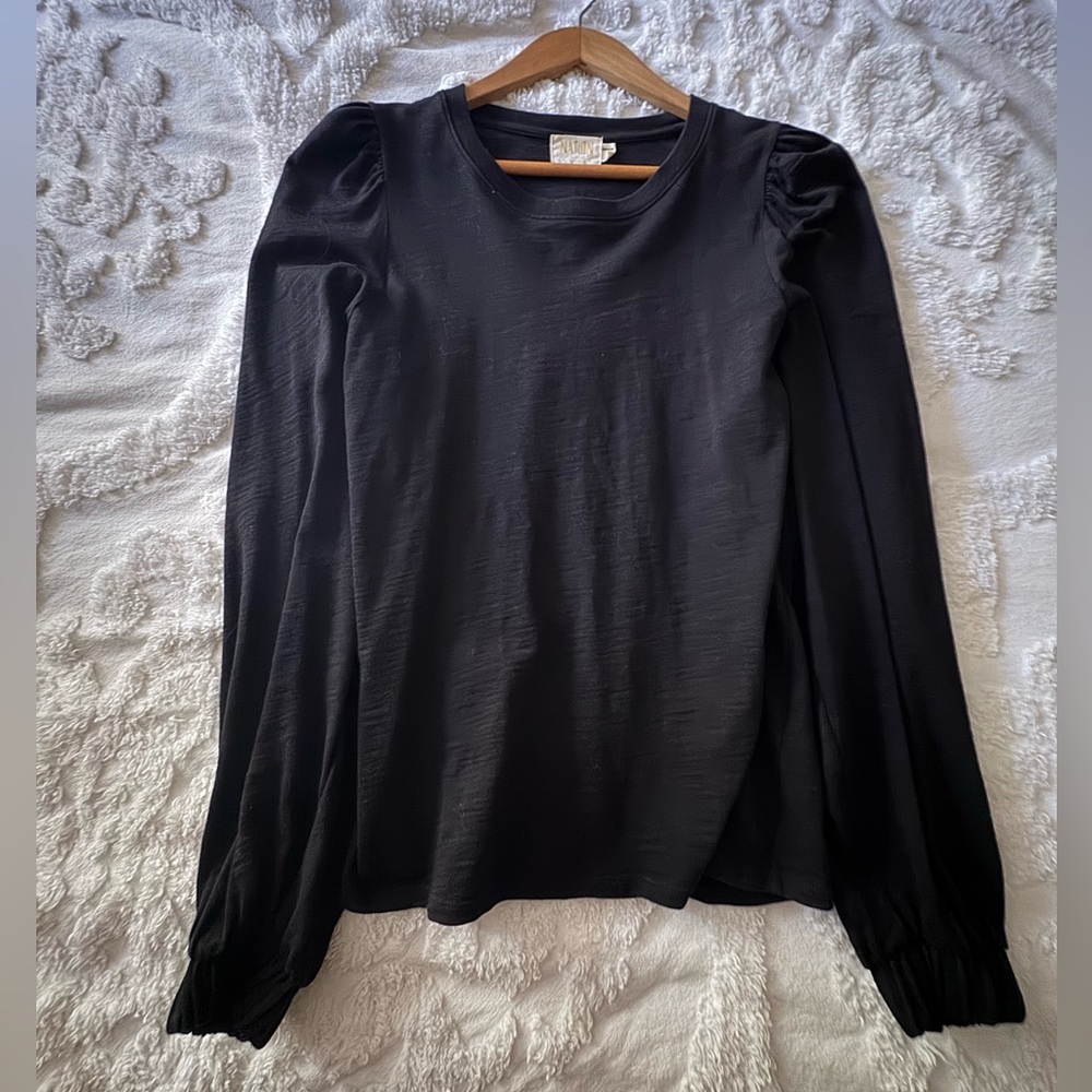 Nation Ltd Ladies Black Top Long Full Sleeves Gathered Shoulder Elastic Cuff